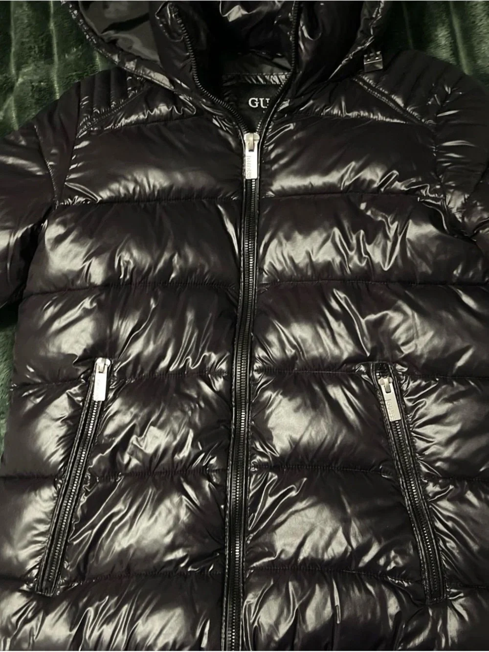 Guess Women Shiny Black Quilted Puffer Jacket with Hood